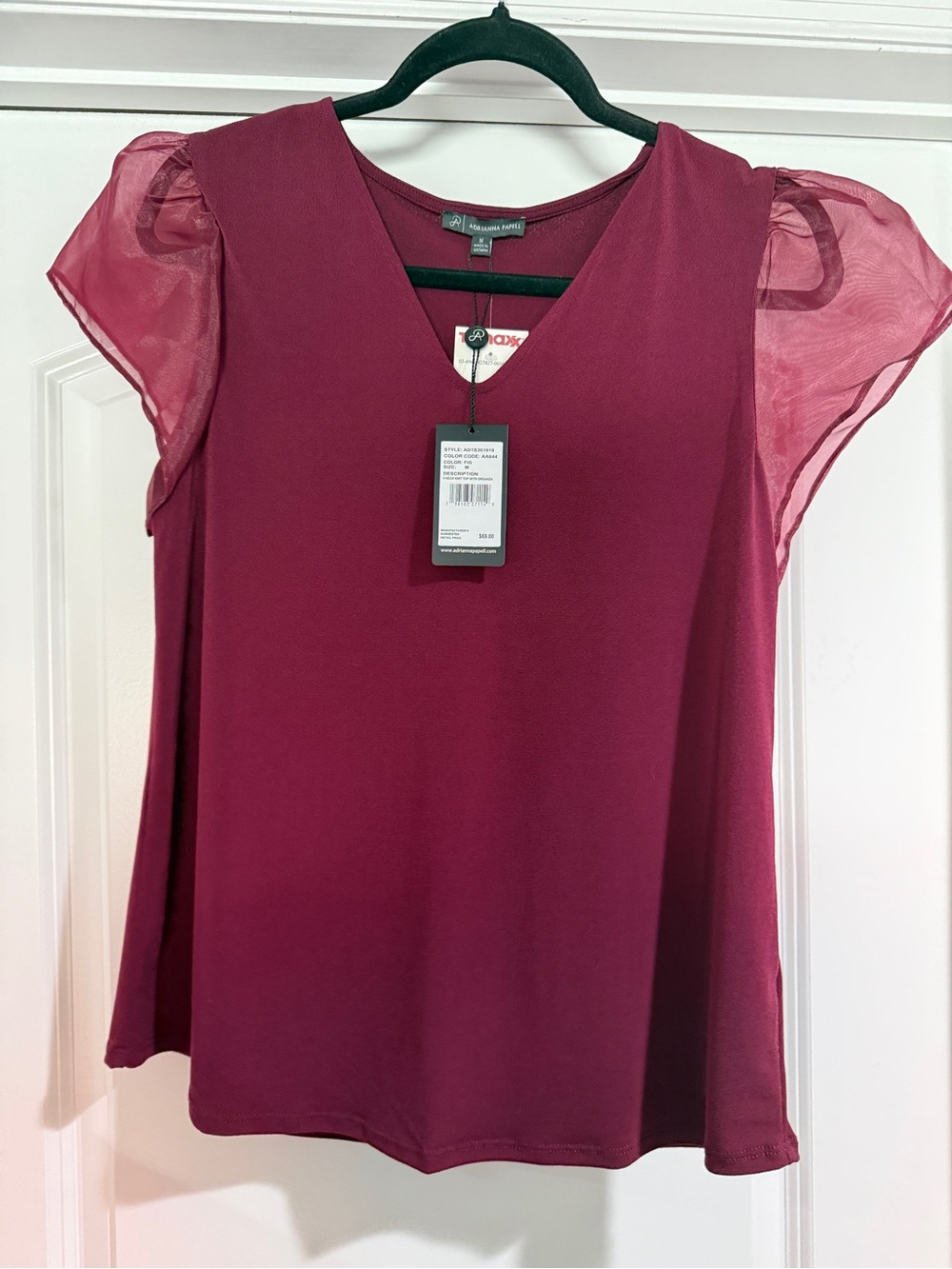 Adrianna Papell Burgundy V-Neck Sheer Flutter Sleeve Top